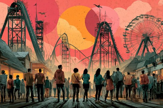 Vibrant illustration of a lively amusement park at sunset with a crowd of people and iconic rides.
