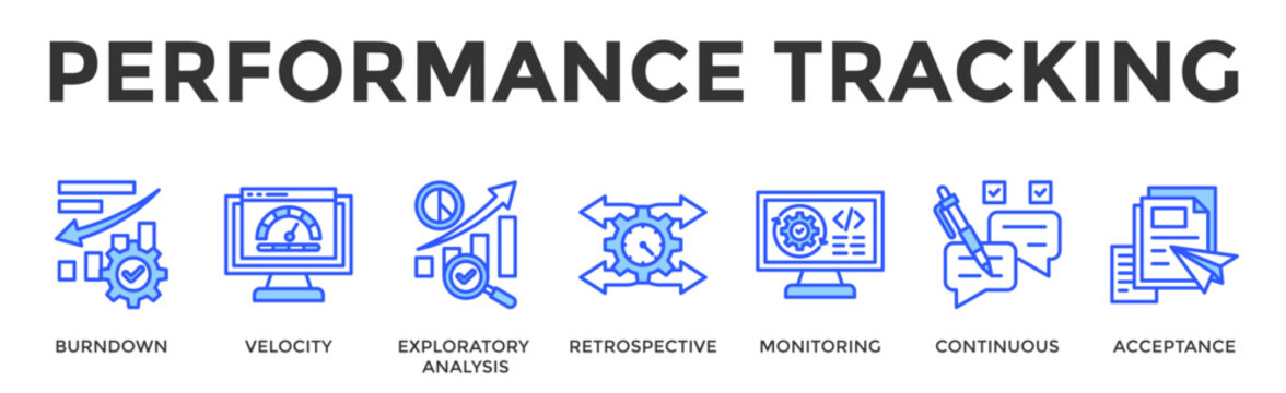 Performance Tracking  Banner Web  Icon Set Collection Pack Vector Illustration Concept Containing Burndown, Velocity, Exploratory Analysis, Retrospective, Monitoring, Continuous, Acceptance