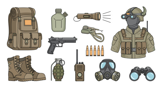 Comprehensive set of military gear including a backpack canteen flashlight handgun ammunition gas mask and night vision helmet.