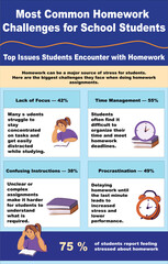 Fototapeta premium School homework struggles statistics infographic with text blocks and student illustration vector