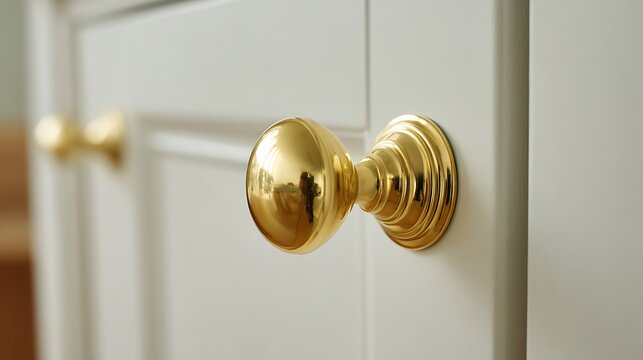 Close up of elegant gold cabinet knob on white kitchen drawer.