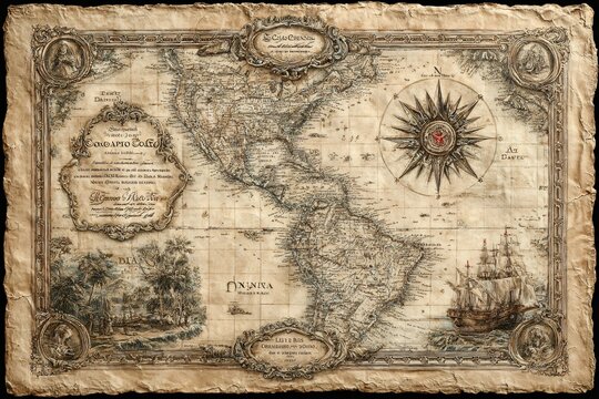 Detailed antique map depicting North and South America, featuring ornate cartouches, a compass rose, and an old sailing ship.
