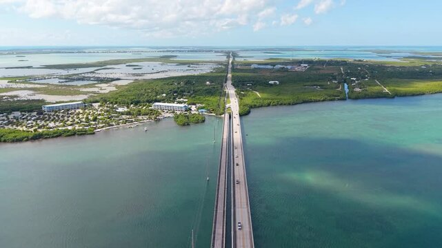 Cinematic drone shot of the iconic Sunshine Skyway Bridge spanning Tampa Bay, featuring its signature yellow cables and turquoise water.