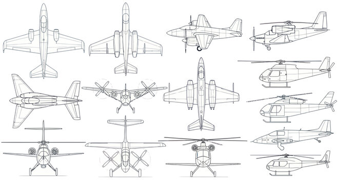 Aircraft blueprint collection: jets, helicopters, propeller planes, top and side views