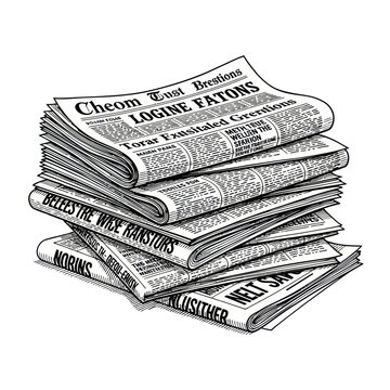 Stack of vintage newspapers, black and white illustration, retro newsprint