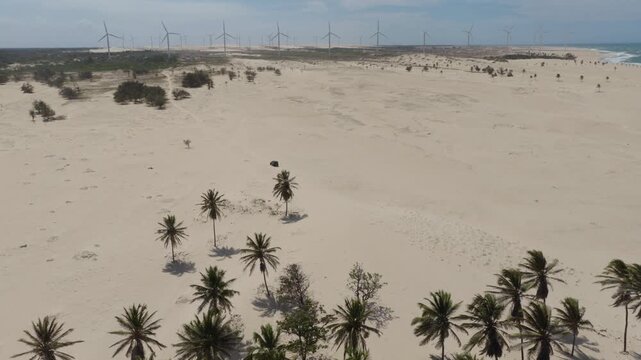Ta&iacute;ba S&atilde;o Gon&ccedil;alo do Amarante Cear&aacute; Brazil shows coastal dune field with scattered palm trees and inland wind farm along Atlantic shoreline known for kitesurf and wind tourism, aerial drone forward