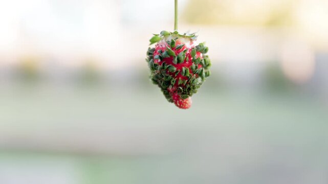 Strawberry displaying rare vivipary phenomenon, achenes germinate from fruit. STATIC SHOT
