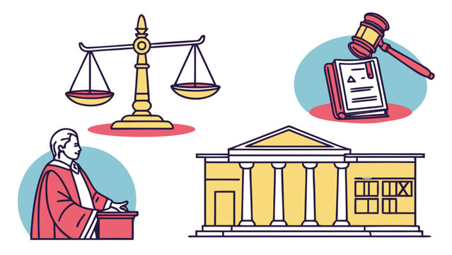 Legal Law Justice Court Judge Icon Set Flat Vector Illustration Isolated Colorful Collection
