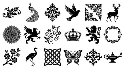 Fototapeta premium Collection of elegant black silhouette decorative ornaments and symbols including animals flowers and abstract patterns for design elements