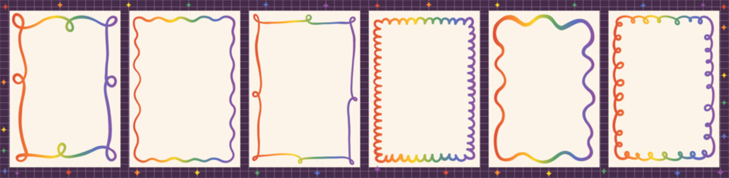 Rainbow Wavy Frames Vector Set, Colorful Hand Drawn Doodle Scallop Borders for LGBT Pride Designs or Cute Kids Birthday Party Invitations