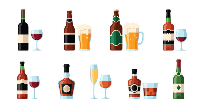 Collection of various alcoholic beverage types including red wine, beer, whiskey, and champagne with their corresponding glassware.