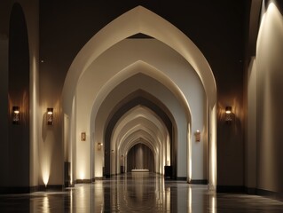 Fototapeta premium Long corridor with arched ceilings and warm lighting. Walls reflect soft glow from wall sconces. Polished floor mirrors the architecture perfectly. Symmetrical arches create deep perspective