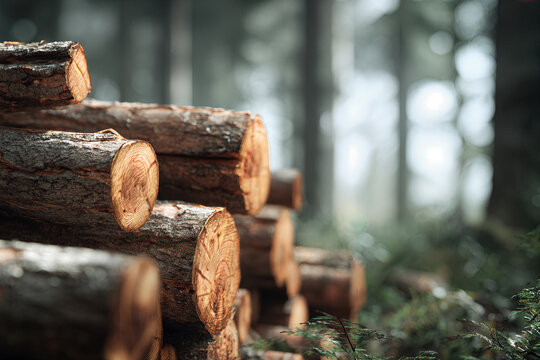 Lumberjack-Themed Close-Up of Freshly Cut Logs in Serene Forest