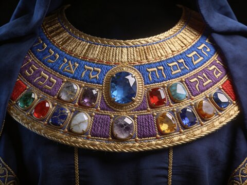 High Priest breastplate with twelve complete gems and deep blue priestly copy space