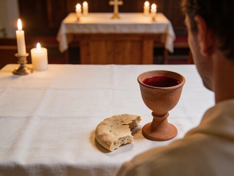 Complete rustic clay chalice of wine and broken unleavened bread with white linen copy space