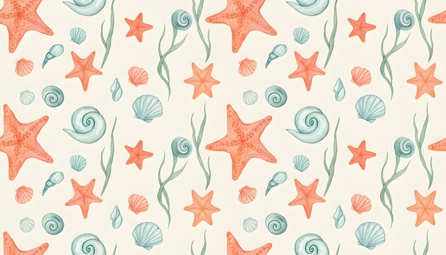 Watercolor seamless pattern of seashells and conch shells for beach decor