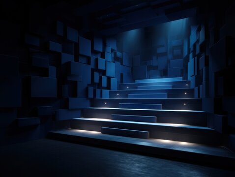 Dark staircase ascends through cubic walls. Cool blue light illuminates each step. Shadowy architecture creates mysterious depth. Steps glow softly, guiding upward journey