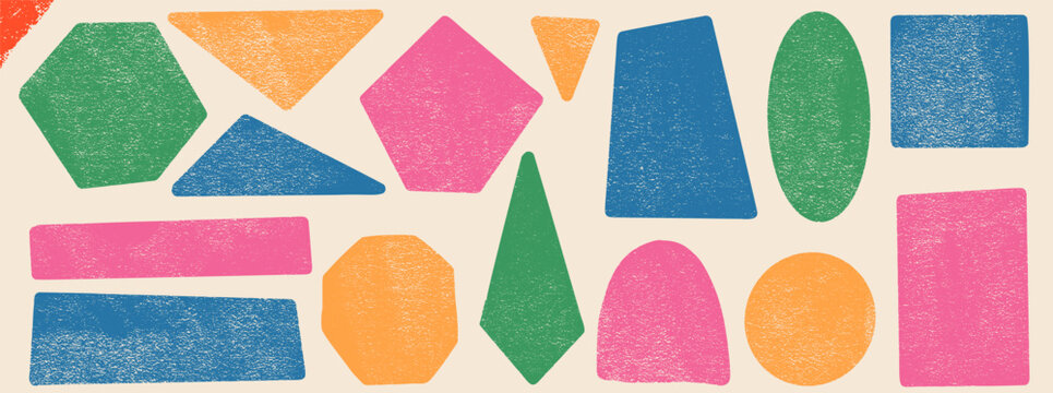 Playful kid shapes in bright colors with crayon ink texture for callout. Geometric kid shape set with hexagon, triangle, arch and oval on beige. Grunge hand drawn vector elements for text box frame.