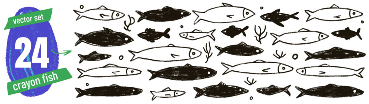 Fish doodle sardine in naive drawing for aquarium poster and journal sticker. Crayon pencil silhouette with hand sketched ocean mood. Vector doodle set for whimsical trendy playful design isolated.