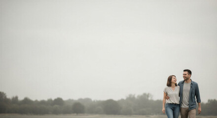 Fototapeta premium Young couple walking together on a misty day in the countryside 