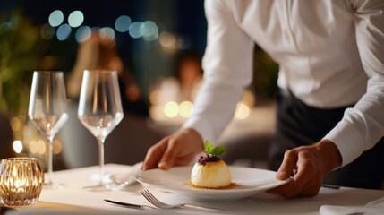 Obraz premium A skilled waiter gracefully serves a beautifully plated dessert in a fine dining restaurant. The ambiance is warm and inviting, with soft candlelight enhancing the luxurious atmosphere