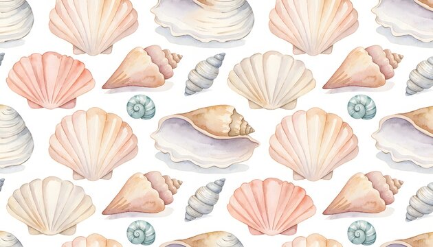 Watercolor pattern of various seashells and conches on a white background