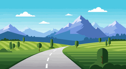Fototapeta premium Scenic mountain road trip, green fields, blue sky, summer landscape, travel, nature