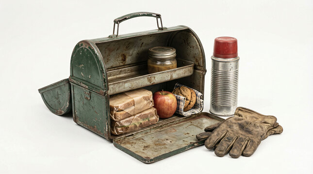 Vintage toolbox with old can of paint and brushes on rustic wooden surface