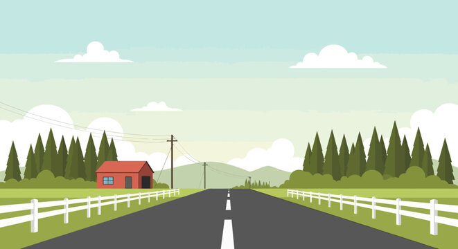 Rural road leading to a red barn with pine trees and mountains under a cloudy sky