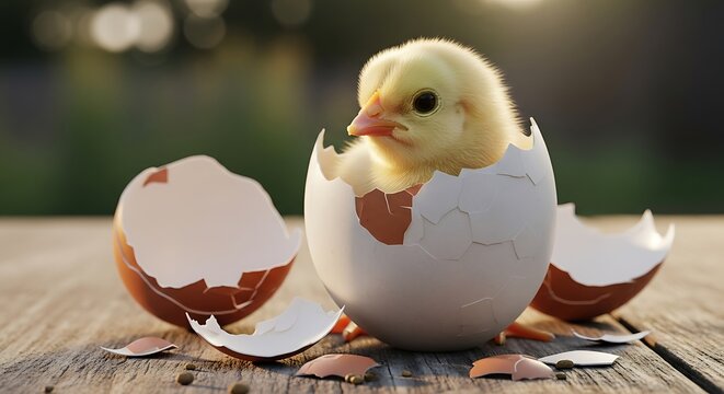 Adorable yellow chick hatching from broken eggshell on wooden table outdoors