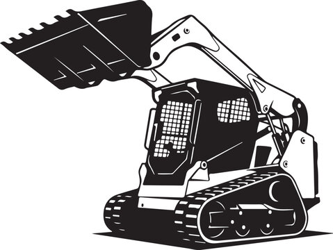 Black and white skid steer loader, heavy equipment illustration, construction vehicle, industrial machine