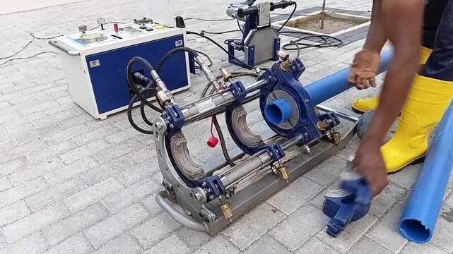 HDPE Welding Sequence: Technician Clamping First Blue Pipe into Hydraulic Butt Fusion Welding Machine