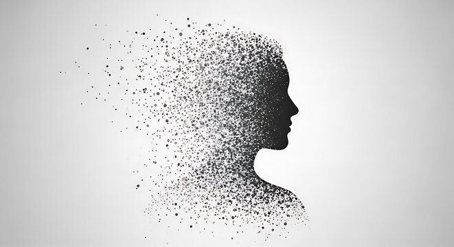 Disintegrating human head silhouette in black particles on white background