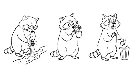 Naklejka premium Raccoon Exploring Nature with Water and Objects