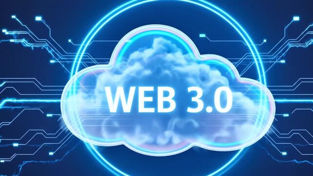 A futuristic web 3.0 interface with a glowing cloud and circuit board background
