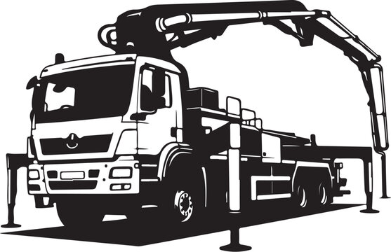 Black and white vector truck, concrete pump truck, construction vehicle, industrial equipment
