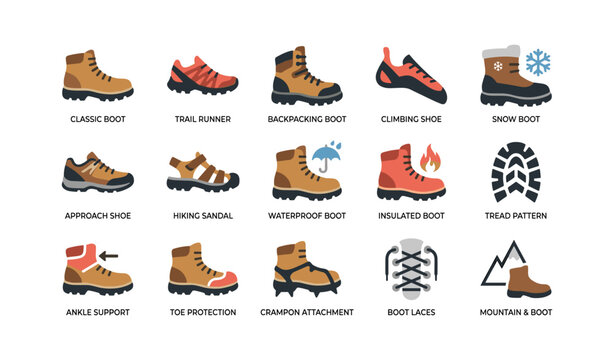 Hiking and outdoor boot types illustrated on white background