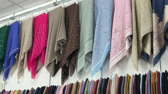 Colorful square hijabs hang neatly on display hangers. These popular headscarves are ready for sale. They are a high-demand fashion choice for Muslim women.