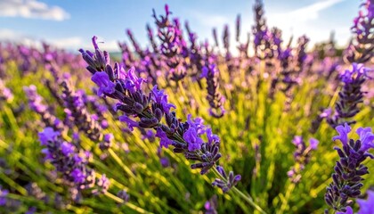 Obraz premium Close-up of a vibrant purple lavender flower spike bathed in warm golden sunlight amidst a sprawling field under a clear blue sky at sunset
