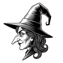 Vintage Witch Profile Portrait, Halloween Witch Hat, Spooky Sorceress Illustration © wati