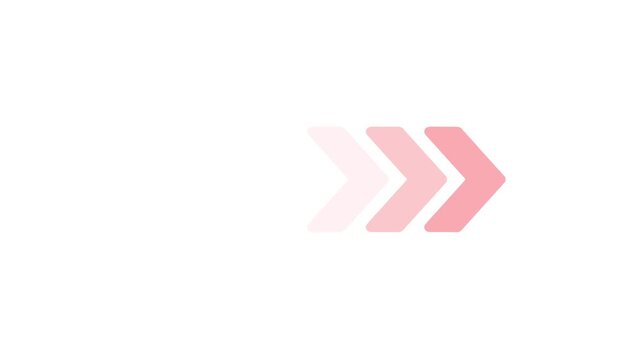 Animated sequence of three pink chevron arrows moving rightward on a clean white background representing progress forward motion direction change and positive momentum