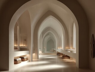 Fototapeta premium Whispering arches stretch into soft, glowing light. Minimalist sinks reflect serene, warm illumination. Calm ambiance flows through polished, curved walls. Subtle lighting highlights textures
