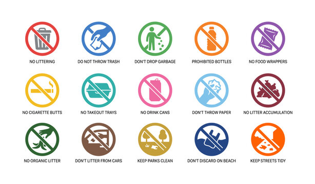 No littering and prohibition icons on white background