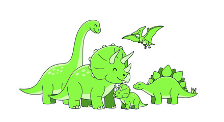 Cute Green Dinosaurs Family Cartoon Illustration © wati