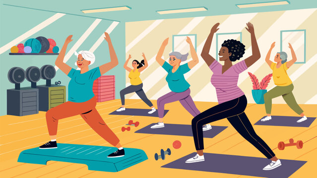 Group of senior women exercising in a gym doing yoga warrior poses