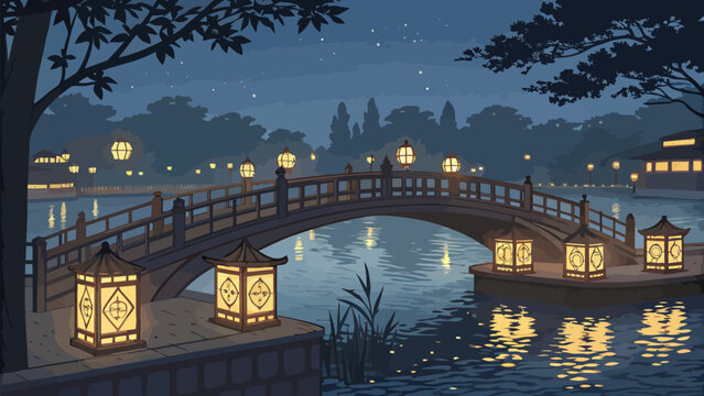 Traditional chinese arched bridge over a calm river at night with glowing lanterns