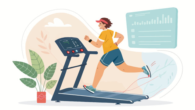 Woman running on a treadmill at home with fitness tracking data on a digital screen