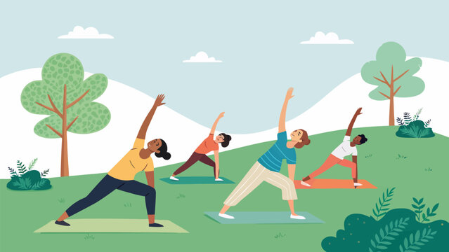 Group of diverse people practicing yoga in a park, performing triangle pose on mats