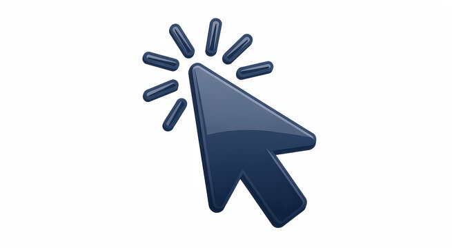 A dark blue mouse cursor arrow with a clicking effect isolated on a white background