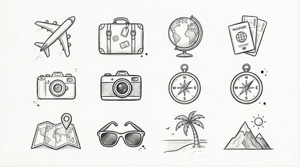 Fototapeta premium Hand Drawn Travel Icons Set Black and White Sketch Style